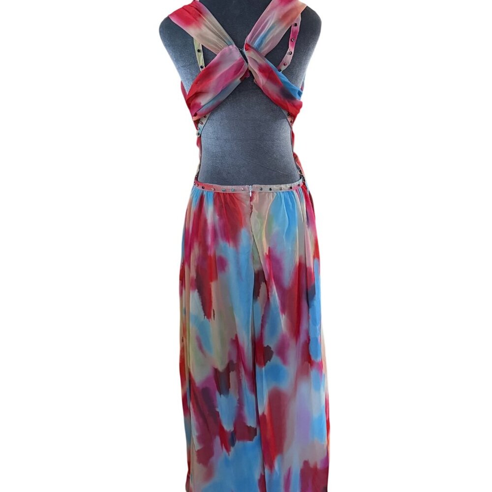 Multicolor Sleeveless Maxi Dress With Rhinestone Straps & High Slit - Picture 6 of 7